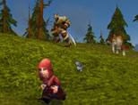 En Hordejägare jagar en kvinnlig gnom i World of Warcraft. Jägaren har husdjur som hjälper honom – här en varg. 
Den lilla katten tillhör också någon, men är  bara med för nöjes  skull.