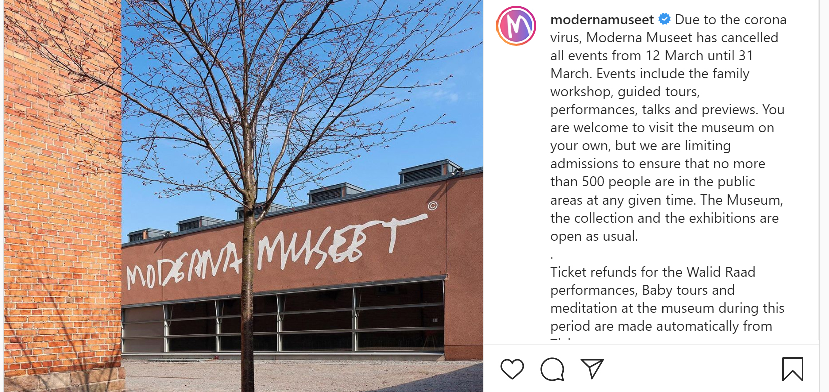 Moderna museet informerar om begränsningar i verksamheten på Instagram.