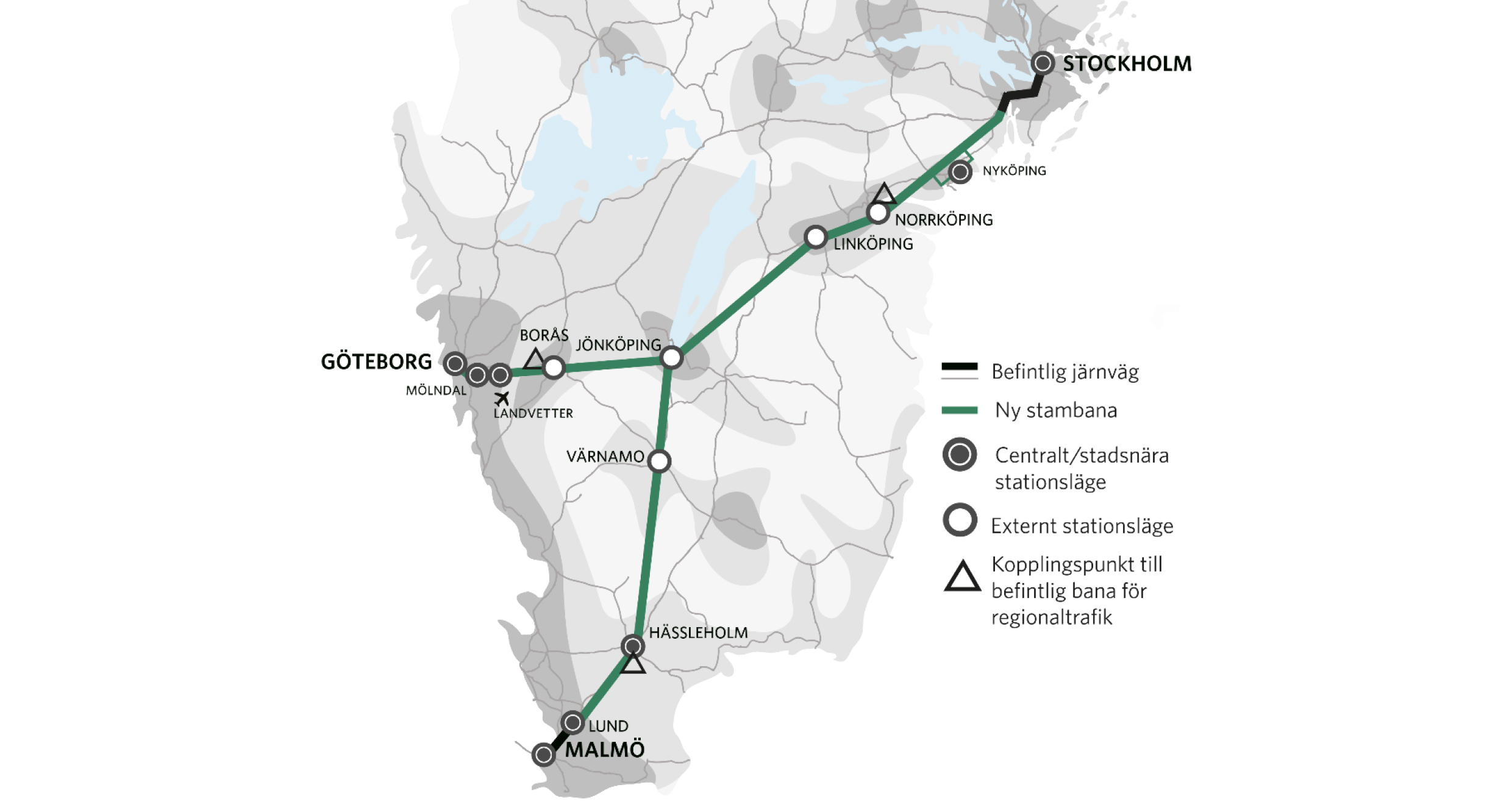 Förenklad illustration av stationsorter och stationslägen i Trafikverkets Utredningsalternativ 1. 