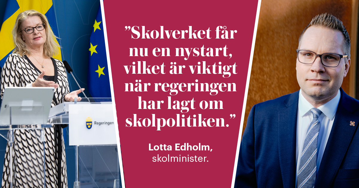 Skolminister Lotta Edholm och Skolverkets nya generaldirektör Joakim Malmström. 