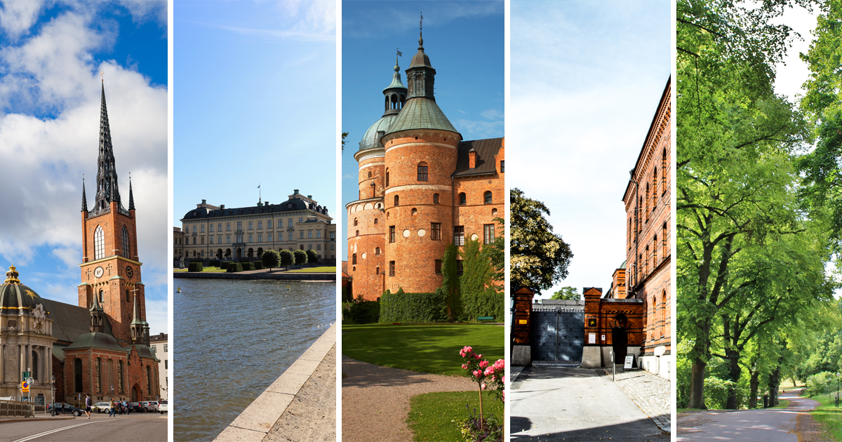 Riddarholmskyrkan, Drottningholms slott, Gripsholms slott, Hovstallet samt Hagaparken.