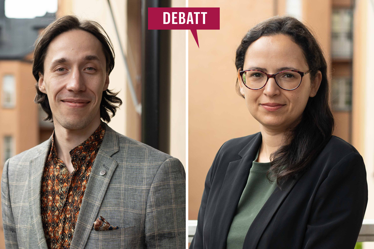 Topias Tolonen-Weckström och Meryem Saadi, doktorandrepresentanter i Sveriges förenade studentkårers doktorandkommitté.